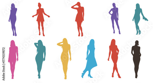 Colorful silhouettes of women in various poses and dress styles