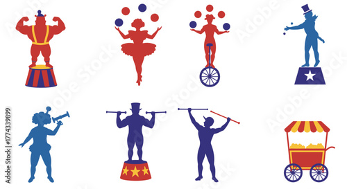 Colorful circus performers and elements depicting a lively big top show