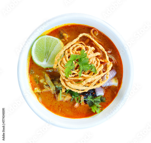 Obraz na płótnie Khao Soi  ,curry noddle thai  in bowl   pn transparent.top view.
