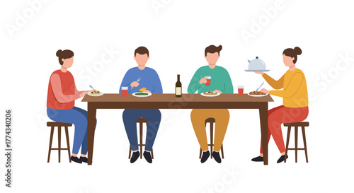 Friends enjoying a meal together at a table sharing food and drinks