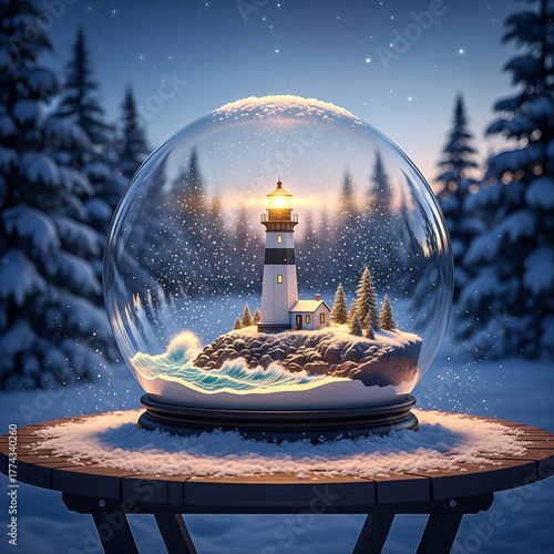 Enchanting Winter Snow Globe Scene with Lighthouse and Snowy Forest.