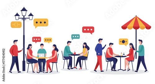 People socializing and communicating in an outdoor cafe setting