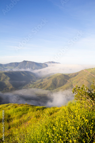 Morning fog drifts through green mountain valley under clear blue sky
