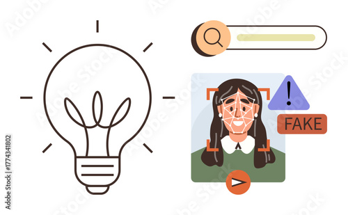 Lightbulb next to deepfake detection visualization, magnifying glass, search bar, warning icons. Ideal for innovation, AI tools, media authenticity, digital ethics, cyber security technology simple