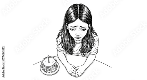 Sad girl sitting alone with birthday cake line drawing