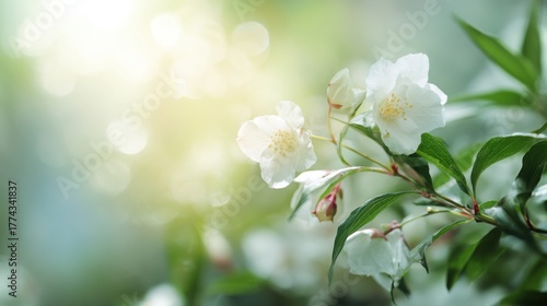 bright blurred background of white flowers and green leaves with bokeh effect, spring freshness and light