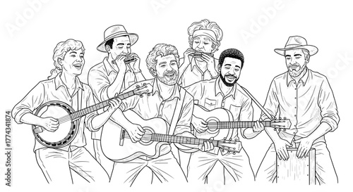 Musicians playing instruments in folk band line drawing