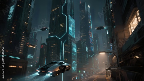 Futuristic Cityscape A modern architectural marvel with flying vehicles and glowing neon lights, reflecting urban development and innovation