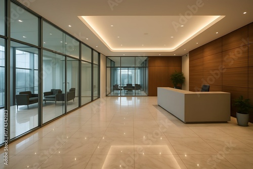 Wallpaper Mural Modern Office Reception Area with Sleek Desk, Comfortable Seating, and Bright Lighting, Creating a Professional and Welcoming Atmosphere for Visitors Torontodigital.ca