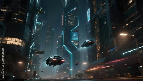 Futuristic Cityscape Flying Cars Amidst Gleaming Skyscrapers in a Cyberpunk Metropolis, a Dystopian Vision with Neon Lights