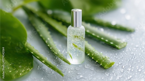 cosmetic serum bottle surrounded by fresh aloe vera leaves and water drops, soft natural light, clean beauty composition