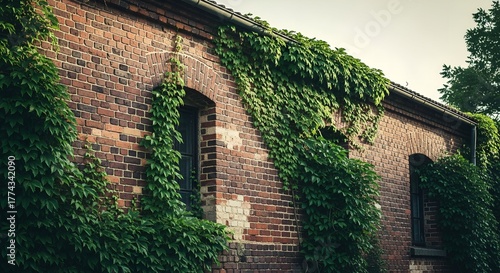 Picturesque view of a historic brick building with verdant ivy gracefully climbing the walls, enveloping the classic architectural structure in green