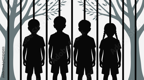 Silhouetted Children Behind Bars with Winter Trees Isolation, Confinement, Restriction, Freedom, and Childhood