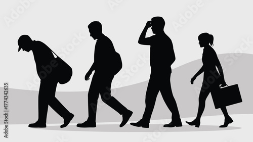 Silhouetted Group of Individuals Walking with Bags and Briefcase on a Light Background