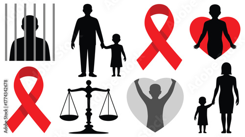 Silhouettes Depicting Justice, Family, HIV/AIDS Awareness, and Hope Against White Background in Illustration