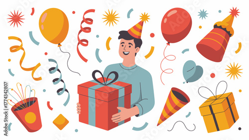 Smiling Man with Gift Box Surrounded by Festive Balloons and Party Decorations Illustration