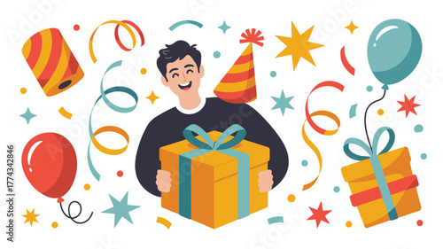 Smiling Man with Party Hat Holding Present Surrounded by Balloons, Confetti and Streamers Illustration