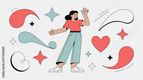 Smiling Woman in Geometric Design with Heart, Stars, and Shapes Illustration