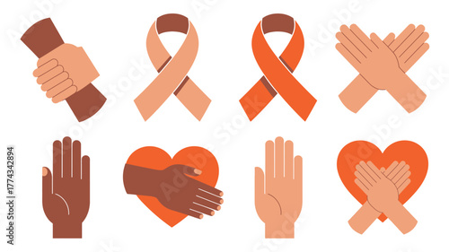 Solidarity Icons Diverse Hands Joining, Supporting Cause Awareness with Ribbons and Hearts, Illustration