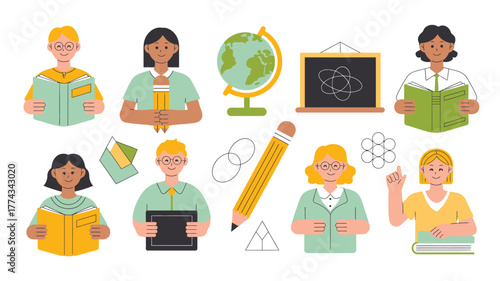 Students with Books, Globe, Chalkboard, and Pencil Illustration on White Background for School or Education