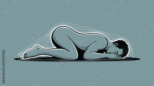 Stylized Illustration of a Nude Male Figure Curled Up in a Protective Structure