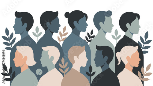 Stylized Illustration of Diverse People Silhouettes with Botanical Accents on White Background