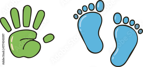 Baby's handprint and footprints in green and blue symbolize new life and beginnings on a white background, representing innocence and purity.