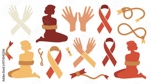 Stylized Support Silhouetted Women Tied, Crossed Hands, Awareness Ribbons, and Symbolic Ropes Illustration