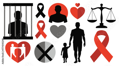 Symbolic Illustration Person Behind Bars, Ribbons, Hearts, Justice Scale, Man with Child