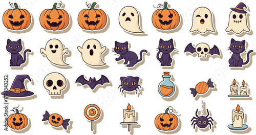 Spooky Symbols: A collection of festive Halloween icons, featuring grinning pumpkins, friendly ghosts, black cats, and various spooky elements creating a playful and festive ambiance. 