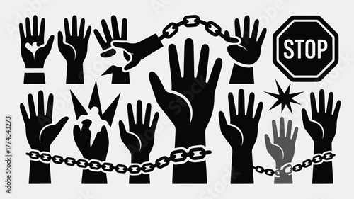 Symbolic Illustration Raised Hands, Chains, Broken Bonds, and a Stop Sign for Social Justice