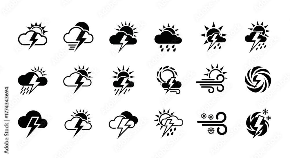 Obraz premium Weather Icons Set Sun Cloud Lightning Rain Wind Snow Hurricane Black Silhouette.