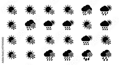 Black Weather Icons Sun Cloud Snowflakes and Rain Symbols.