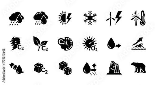 Climate Change Black Glyph Icons Weather Energy and Environmental Impact.