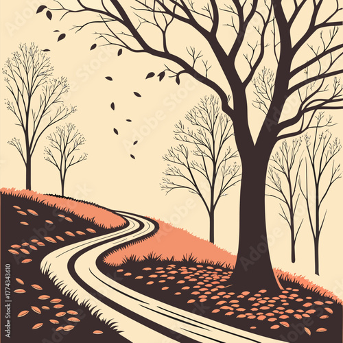 A solitary journey down a winding country road through a minimalist autumn landscape with bare trees and falling leaves