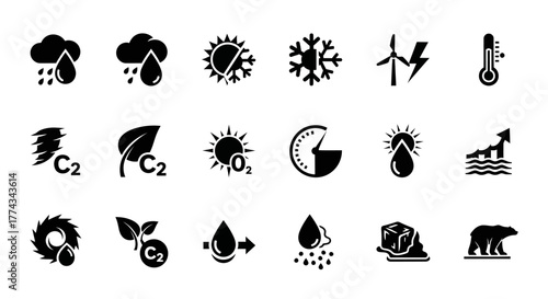 Climate Change Icon Set Weather Pollution and Environmental Impact Symbols.