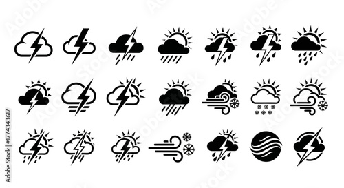 Collection of Black Weather Icons Depicting Various Atmospheric Conditions.