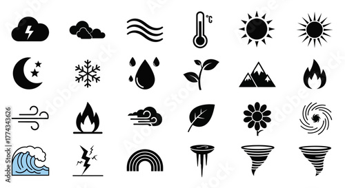 Diverse Weather and Nature Icons Collection in Black Silhouette Style.