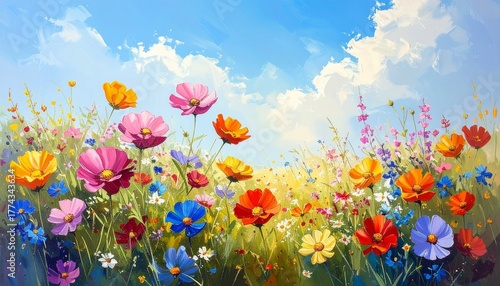 Vibrant gouache illustration of a cheerful wildflower meadow blooming under a serene blue sky, capturing the joyous essence of nature's beauty in full spring splendor