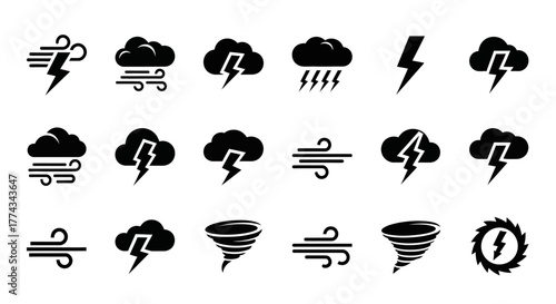 Set of Black Weather Icons Depicting Storms Wind and Tornadoes.