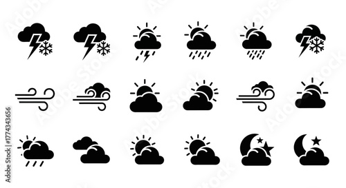 Weather Forecast Black Glyph Icons Set Clouds Sun Rain Wind Snow Lightning Moon Star.