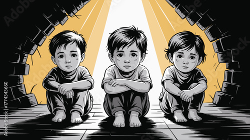 Three Sad Boys Sitting Under Spotlight in Black and White Illustration