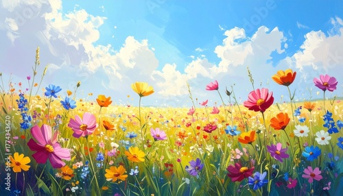 A vibrant meadow bursts with colorful wildflowers under a brilliant blue sky, creating a serene and picturesque natural landscape, radiating warmth and joy
