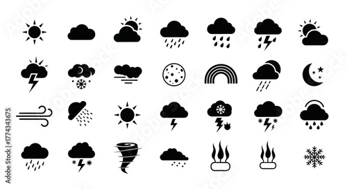 Weather Forecast Icons Sun Clouds Rain Lightning Wind Moon Rainbow Tornado.