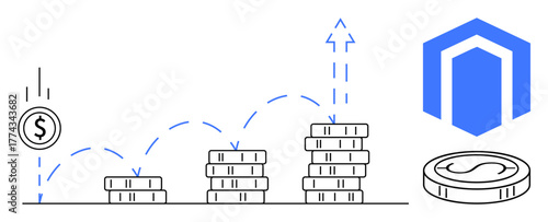 Stacks of coins increasing in height with an upward arrow signify financial growth, investment, and profit. Ideal for finance, investment, success, business strategy, saving, economy simple flat