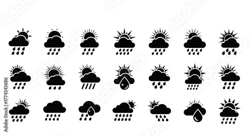 Weather Icons Set Sun Clouds and Raindrops in Black Silhouette.
