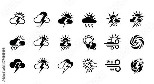 Weather Icons Set Sun Cloud Lightning Rain Wind Snow Hurricane Black Silhouette.