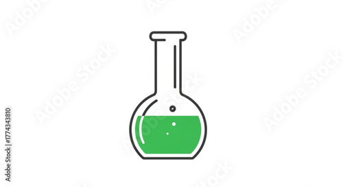 Round bottom flask with green liquid chemistry lab equipment science experiment research tool illustration