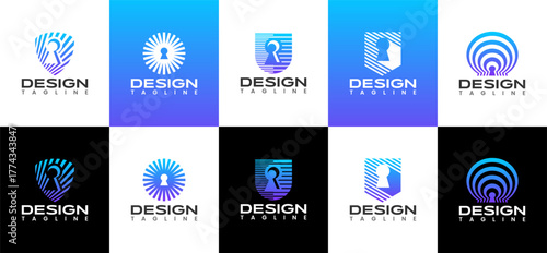 Technology cyber security keyhole shield logo set