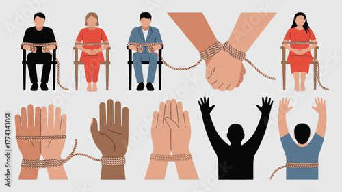 Various Individuals and Hands Illustrated, Some Bound by Rope, Displaying Restriction and Control Theme